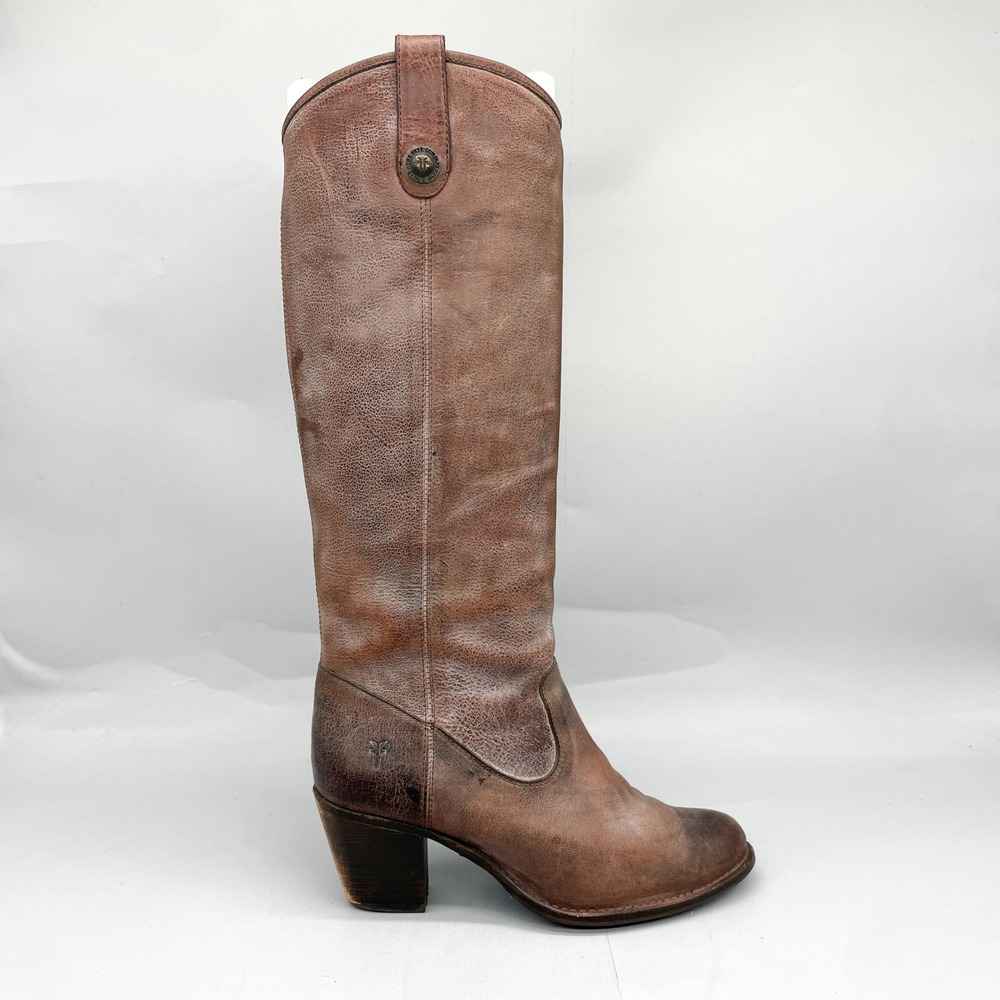 Frye Jackie Button Tall Riding Boots Womens 7.5B Brown Leather Distressed Heels